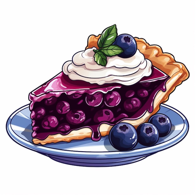 un'illustrazione cartoon di una fetta di torta con mirtilli su un piatto ai generativa