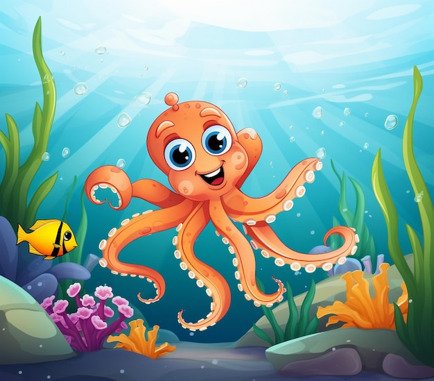 un'illustrazione cartoon di una scena marina con un pesce e il mare