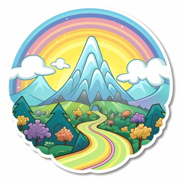 un'illustrazione cartoon di una strada che porta a una montagna con un'intelligenza artificiale arcobaleno