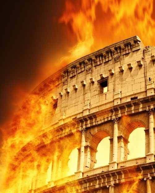 Un'illustrazione che mostra il Colosseo romano inghiottito dalle fiamme