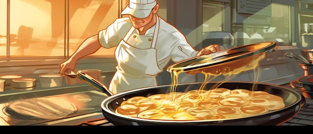Un'illustrazione che mostra un abile cuoco di pancake in azione