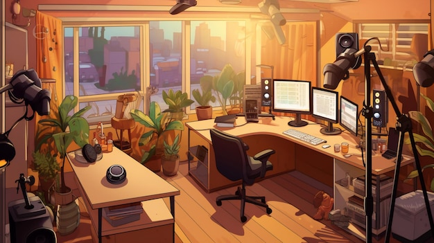 Un'illustrazione che mostra uno studio di podcasting realistico