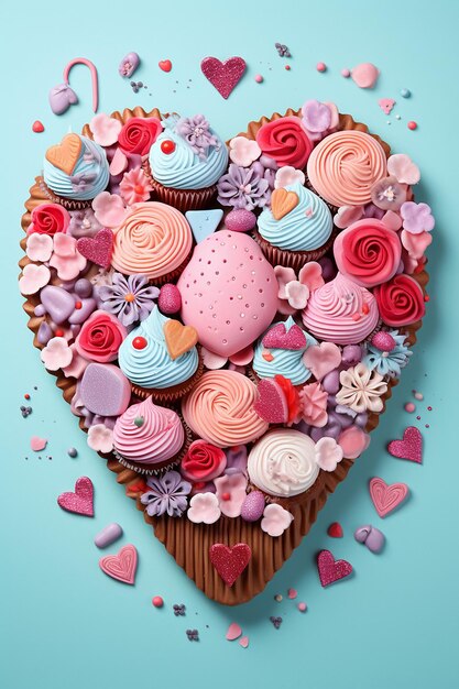 un'illustrazione che raffigura una serie di cupcakes e dolci a tema di San Valentino disposti