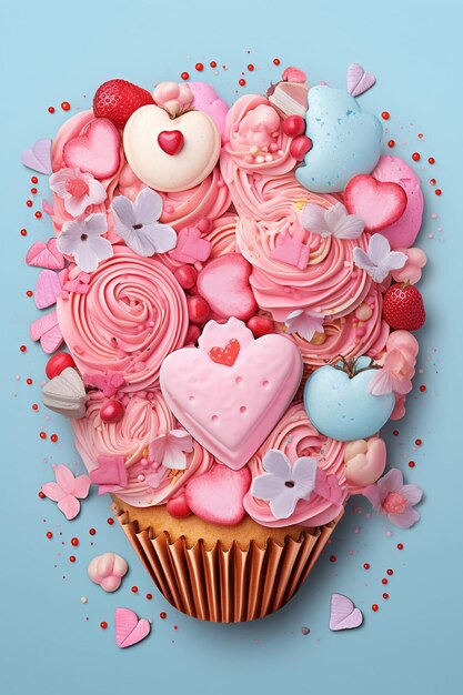 un'illustrazione che raffigura una serie di cupcakes e dolci a tema di San Valentino disposti