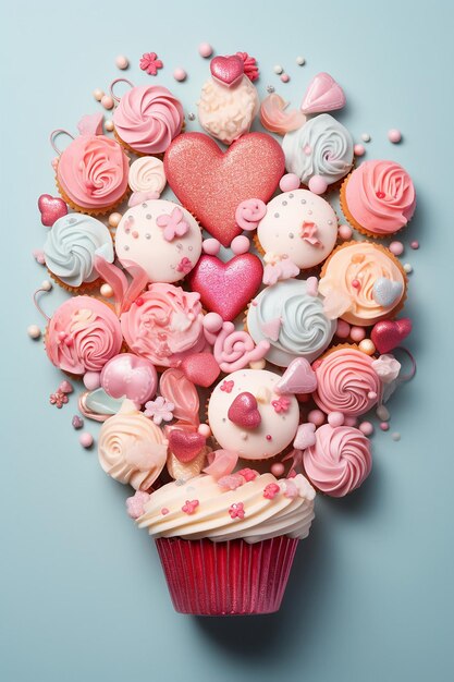 un'illustrazione che raffigura una serie di cupcakes e dolci a tema di San Valentino disposti