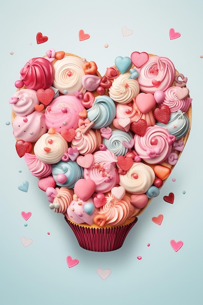 un'illustrazione che raffigura una serie di cupcakes e dolci a tema di San Valentino disposti