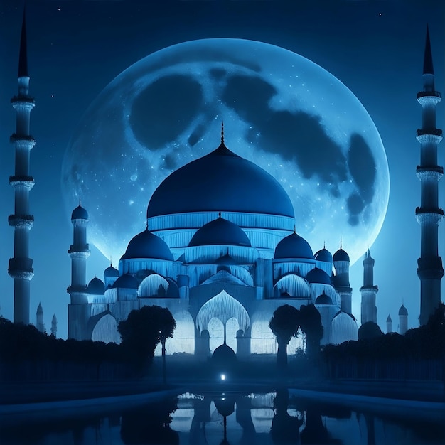 un'illustrazione cinematografica di una moschea blu sotto la luna piena di Generative Ai