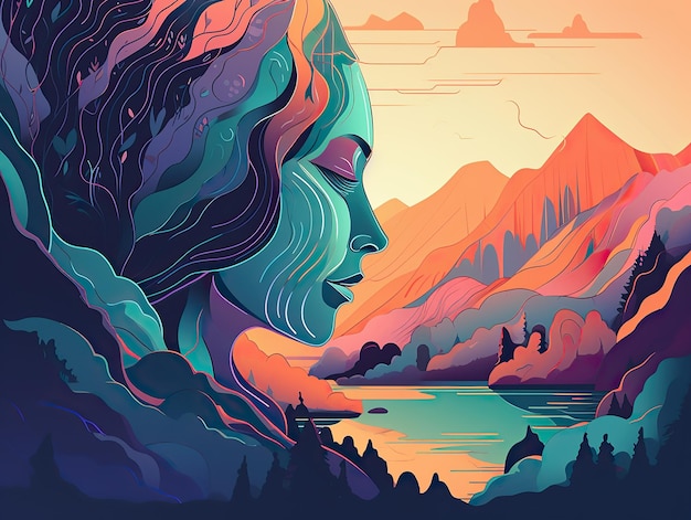 Un'illustrazione colorata del volto di una donna con le montagne sullo sfondo