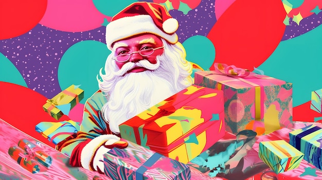 Un'illustrazione colorata di Babbo Natale che tiene una scatola di regali.