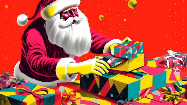 Un'illustrazione colorata di Babbo Natale con una confezione regalo.