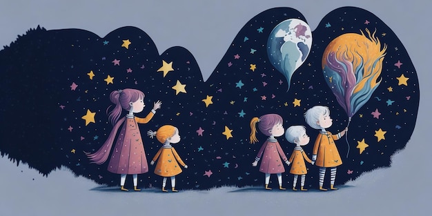 Un'illustrazione colorata di bambini che guardano le stelle e la luna.