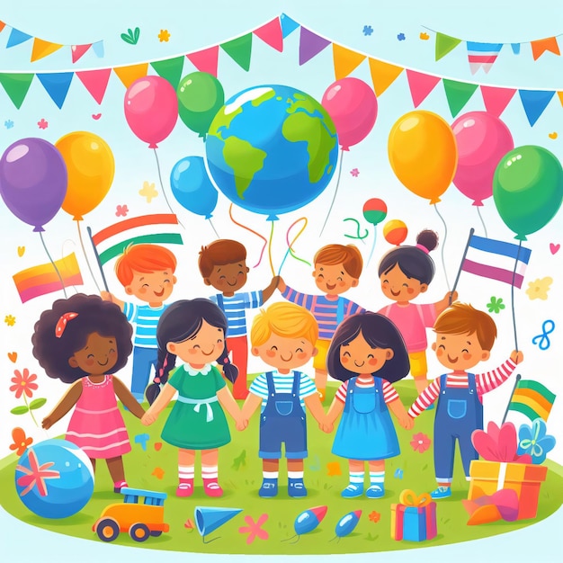 un'illustrazione colorata di bambini che tengono dei palloncini e un globo con la parola mondo su di esso