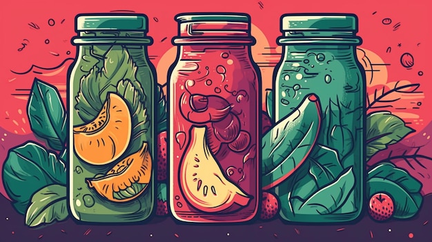 Un'illustrazione colorata di barattoli di frutta e verdura.