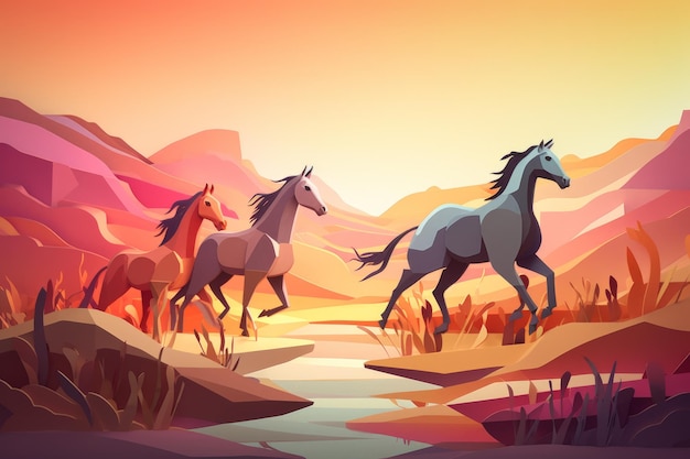 Un'illustrazione colorata di cavalli che corrono nel deserto.