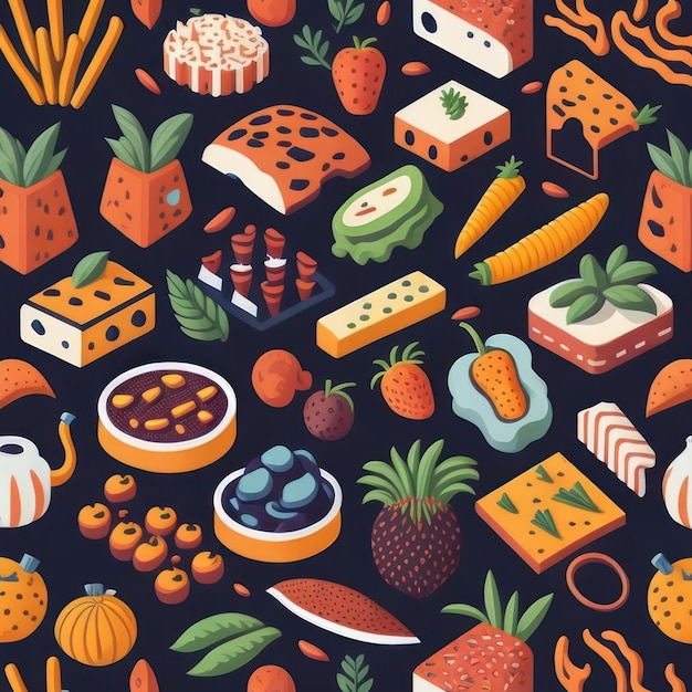 Un'illustrazione colorata di cibo tra cui formaggio, carne e verdure.