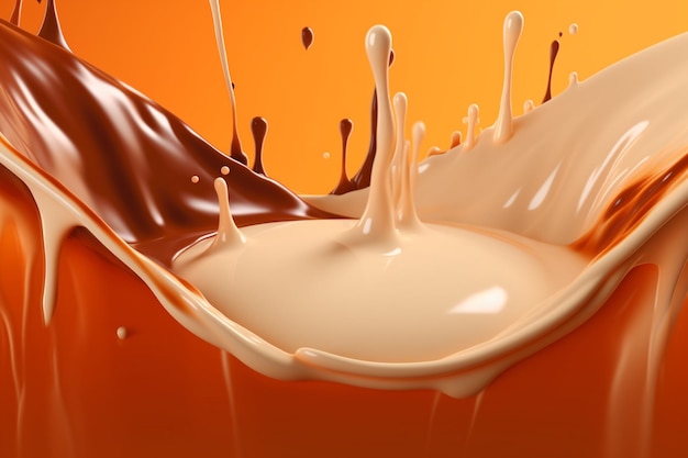 Un'illustrazione colorata di cioccolato e latte versati in una tazza generativa ai