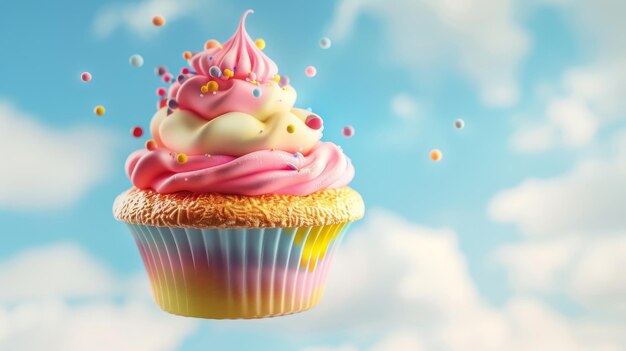 Un'illustrazione colorata di cupcake volante renderizzato in 3D generata da AI