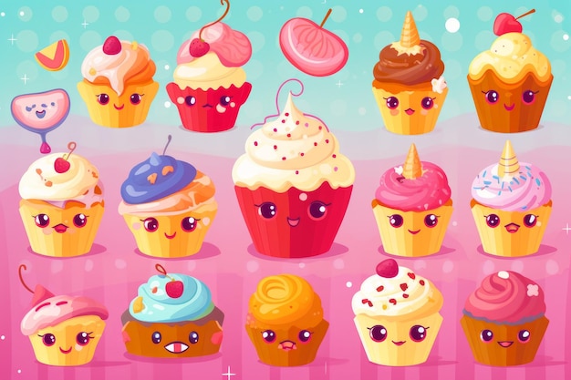 Un'illustrazione colorata di cupcakes con sapori diversi.