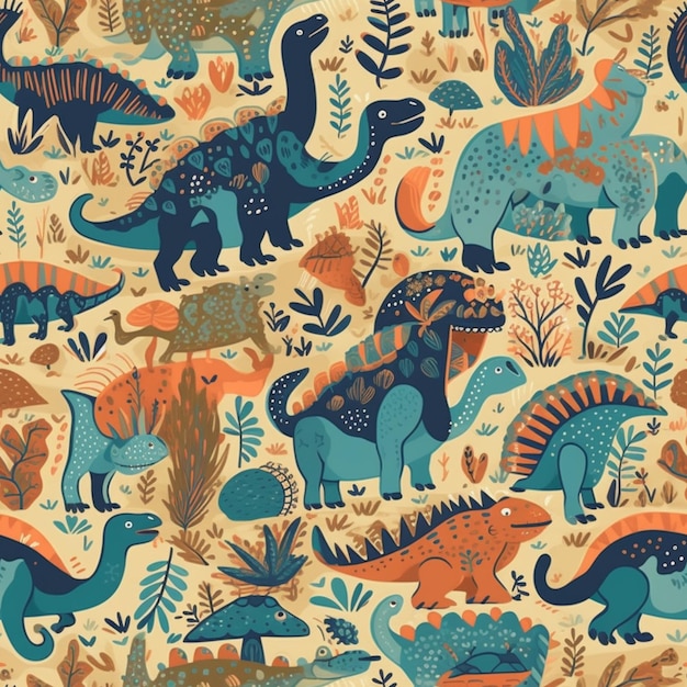Un'illustrazione colorata di dinosauri e piante.