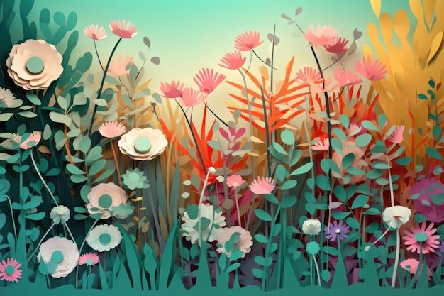 Un'illustrazione colorata di fiori in un giardino.