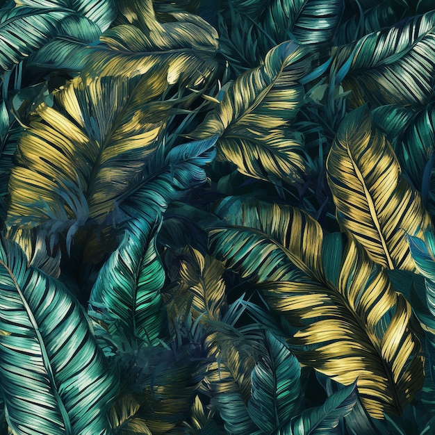 Un'illustrazione colorata di foglie tropicali.