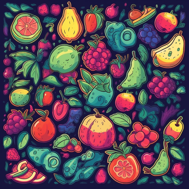 Un'illustrazione colorata di frutti e bacche.