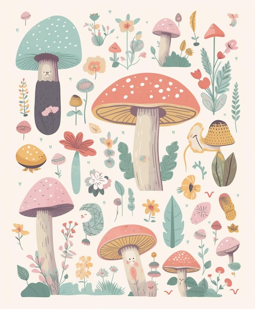 Un'illustrazione colorata di funghi e fiori.