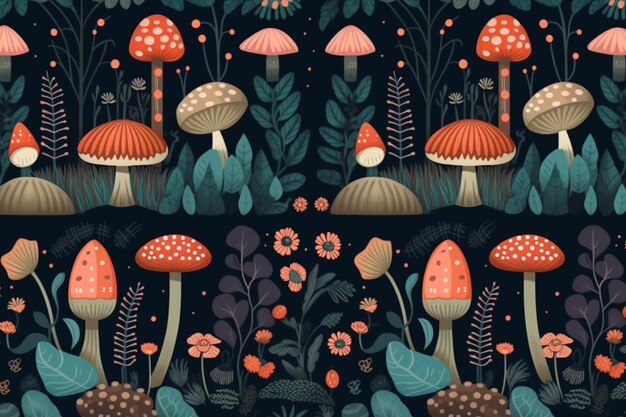 Un'illustrazione colorata di funghi e fiori.