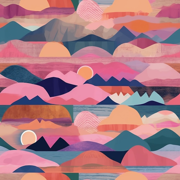 Un'illustrazione colorata di montagne e la luna.