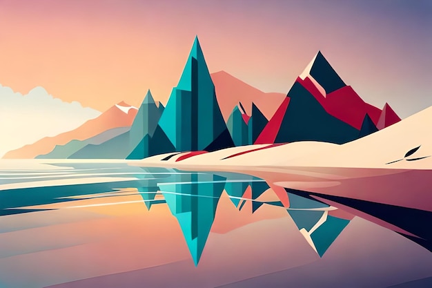 Un'illustrazione colorata di montagne e mare.