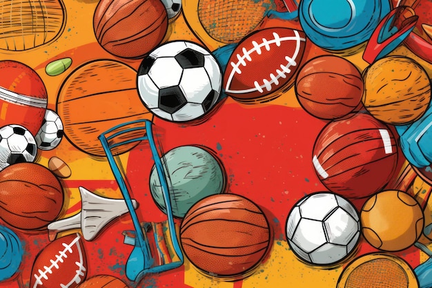 Un'illustrazione colorata di palle da basket, palle e una palla.