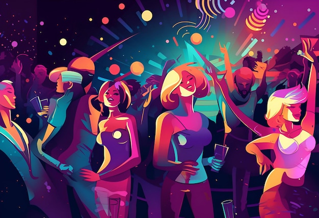 Un'illustrazione colorata di persone che ballano in un club con la scritta "club" su di essa