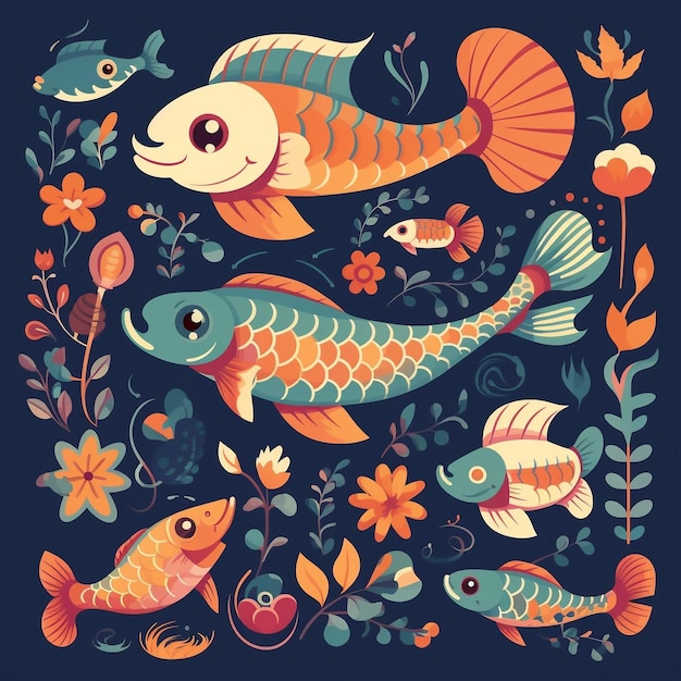 Un'illustrazione colorata di pesci e piante.