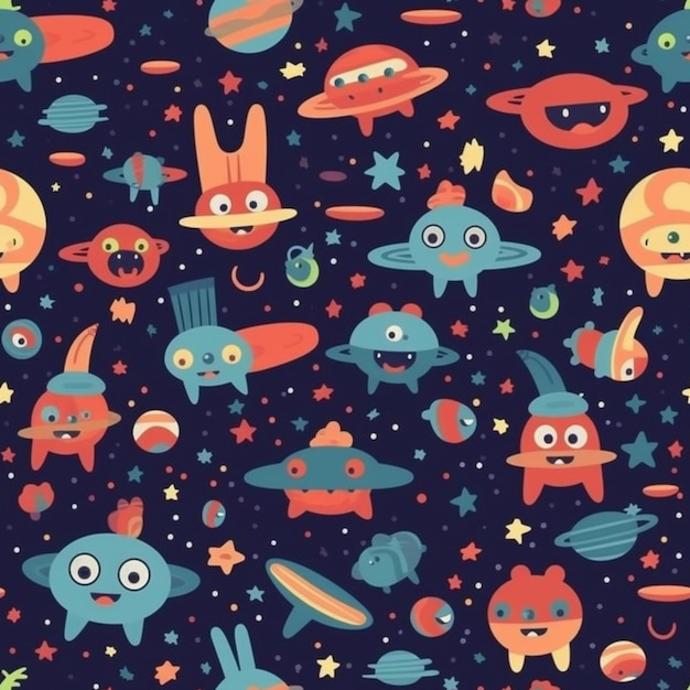 Un'illustrazione colorata di pianeti e pianeti con un coniglietto in cima.