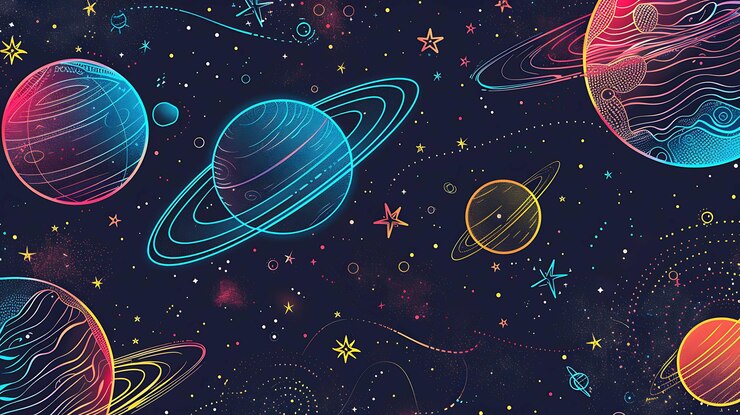 Foto un'illustrazione colorata di pianeti e stelle con le parole "planeti"