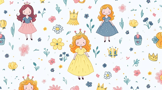 Un'illustrazione colorata di principesse con fiori e una piccola principessa.