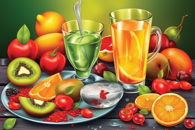 Un'illustrazione colorata di succhi di frutta e frutta