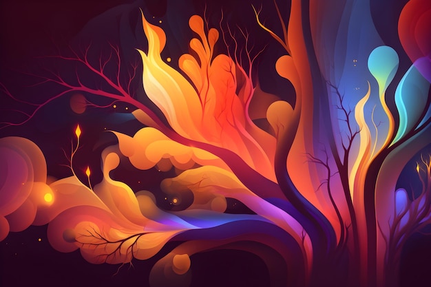 Un'illustrazione colorata di un albero con le parole "fuoco" su di esso.