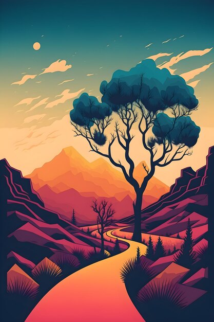 Un'illustrazione colorata di un albero in montagna.