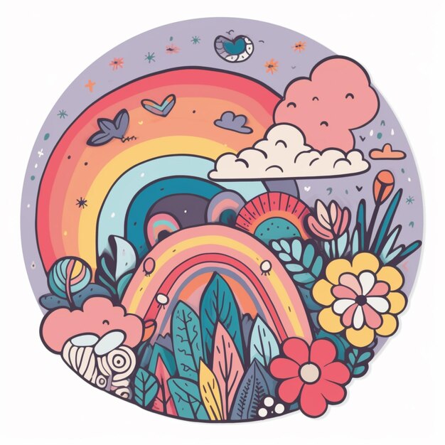 Un'illustrazione colorata di un arcobaleno e di un uccello su un arcobaleno.
