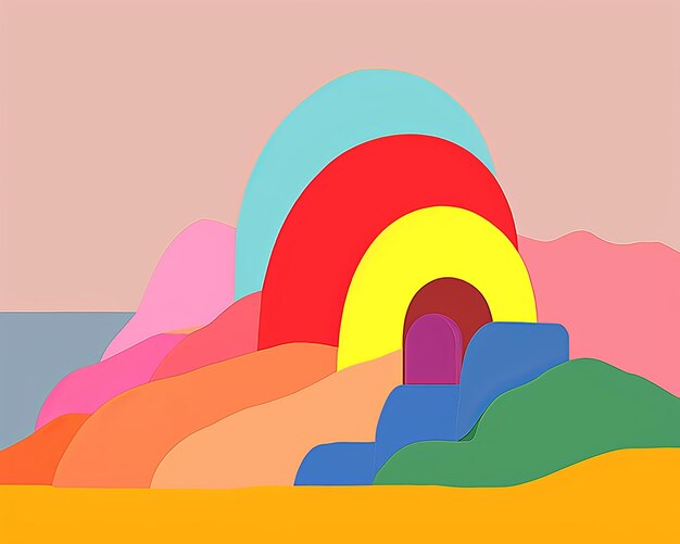 un'illustrazione colorata di un arcobaleno in mezzo a una montagna