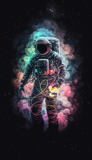 Un'illustrazione colorata di un astronauta con uno sfondo arcobaleno.