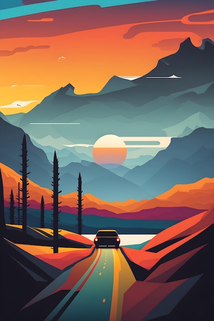 Un'illustrazione colorata di un'auto che guida su una strada con le montagne sullo sfondo.
