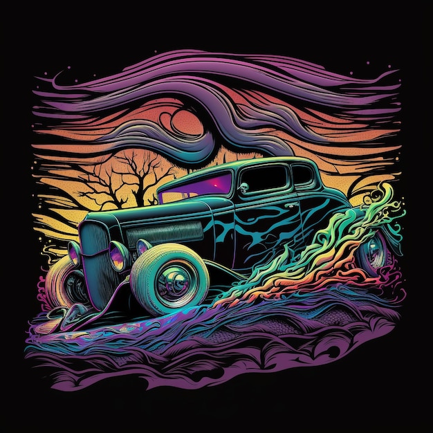 Un'illustrazione colorata di un'auto con le parole hot rod sulla parte anteriore.