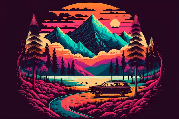 Un'illustrazione colorata di un'auto davanti a un paesaggio di montagna.