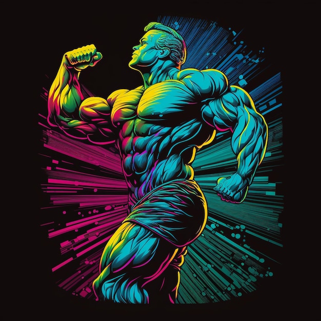 Un'illustrazione colorata di un bodybuilder con un bodybuilder verde sul braccio.