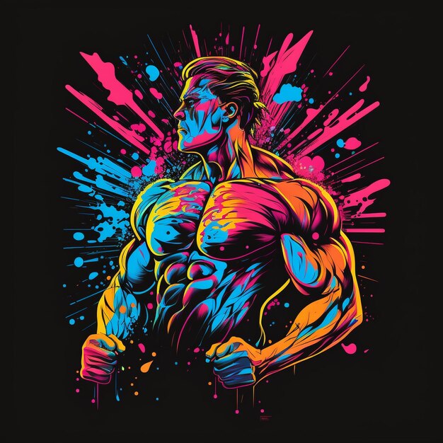 Un'illustrazione colorata di un bodybuilder con uno sfondo nero.