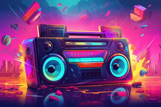 Un'illustrazione colorata di un boombox con la parola furgone su di esso