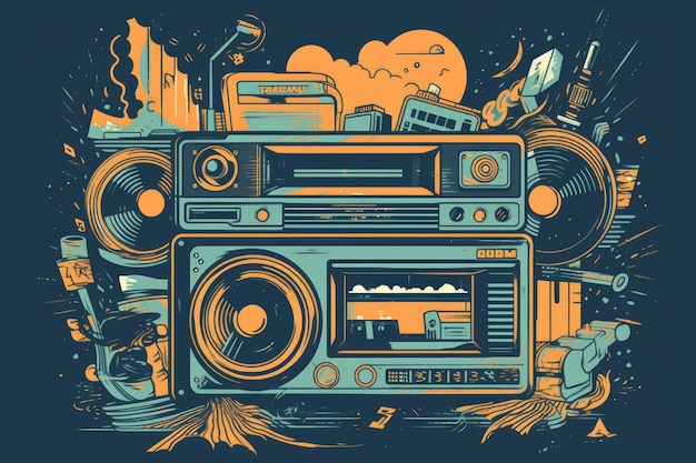 Un'illustrazione colorata di un boombox con un lettore musicale su di esso.