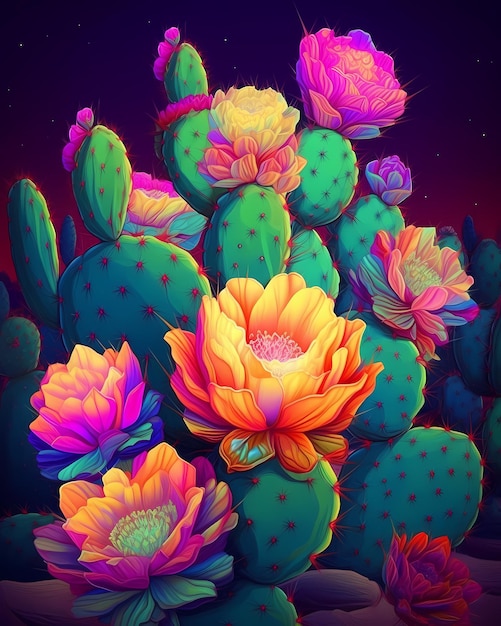 Un'illustrazione colorata di un cactus con un cactus e uno sfondo blu.